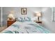 Bright bedroom featuring a tropical-themed bedspread and neutral-toned walls at 1901 Canterbury Ln # 14, Sun City Center, FL 33573
