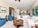 Open living space featuring a white sofa, fireplace, and access to the kitchen and dining area at 511 Erie Ave, Tampa, FL 33606