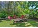 Outdoor firepit with Adirondack chairs in a lush backyard at 7816 Citrus Blossom Dr, Land O Lakes, FL 34637