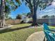 Fenced backyard with mature trees, shed, grassy area, and a blue Adirondack chair on a concrete patio at 9616 Oak Ridge Ave, Riverview, FL 33578