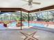 The in-ground pool is surrounded by lush landscaping and has an attached enclosed lanai at 2017 Godfrey Ave, Spring Hill, FL 34609