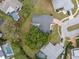 Aerial top down view of a home with a pool in a suburban neighborhood at 112 Rosewood Ct, Palm Harbor, FL 34685