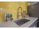 Stainless steel sink with modern faucet and white countertops in kitchen with yellow subway tile backsplash at 7006 N Duncan Ave, Tampa, FL 33604