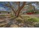 Exterior yard with bench swing under large tree and view of red barn at 9802 Eden Ave, Hudson, FL 34667