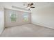A spacious bedroom with neutral carpet, two windows, a tray ceiling, and a modern ceiling fan at 10144 Arbor Run Dr # 157, Tampa, FL 33647