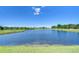 Picturesque pond view featuring serene water reflecting the sky, bordered by green grass at 10868 Breaking Rocks Dr, Tampa, FL 33647