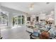 Bright living room featuring tile floors, sliding glass doors, comfortable seating, and seamless flow to the kitchen at 3136 Sandhill Dr, Holiday, FL 34691
