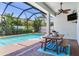 The screened patio has a dining area, perfect for enjoying meals by the pool at 13008 Eagles Entry Dr, Odessa, FL 33556