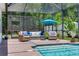Screened in pool area complete with cozy seating and a lush green landscape at 13008 Eagles Entry Dr, Odessa, FL 33556