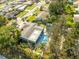 An aerial view of a home with a refreshing pool and lush landscaping in a vibrant residential area at 1596 Idle Dr, Clearwater, FL 33756