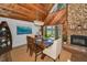 Charming dining room with waterfront views, wood ceiling, and stone fireplace at 16019 Chastain Rd, Odessa, FL 33556