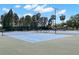 Bright blue tennis court with new net and lush landscaping invites sporting enjoyment in a serene setting at 3945 Versailles Dr, Tampa, FL 33634