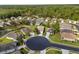 Bird's-eye view of a well-maintained neighborhood featuring lush green landscaping, a tranquil pond, and cul-de-sac streets at 11225 Godwit Ct, New Port Richey, FL 34654