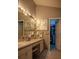 Bathroom features a dual sink vanity, ample lighting, and an open doorway to the walk-in closet at 18919 Place Marquette, Lutz, FL 33558