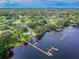 Stunning aerial view of docks on the water with mature tree coverage and community features in the background at 3398 Pinnacle S Ct, Palm Harbor, FL 34684