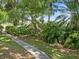 Concrete sidewalk flanked with a diverse selection of lush, healthy foliage and shade trees at 3171 Roxmere Dr, Palm Harbor, FL 34685