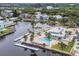 Aerial view of a waterfront home with pool and several boat docks at 6241 Bayside Dr, New Port Richey, FL 34652