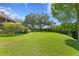 Large, well-manicured backyard features mature trees, lush lawn, and surrounding greenery at 1203 Parrilla De Avila, Tampa, FL 33613