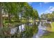 Backyard pond surrounded by lush greenery and mature trees, creating a peaceful and picturesque waterfront view at 1203 Parrilla De Avila, Tampa, FL 33613