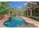 Screened pool featuring a waterfall and lush landscaping, offering a private and serene outdoor experience at 1203 Parrilla De Avila, Tampa, FL 33613