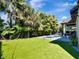 Expansive backyard featuring lush green turf, a sparkling pool, a covered patio, and ample space for outdoor activities at 150 Chippewa Ave, Tampa, FL 33606