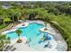 Aerial view of large pool with a splash pad area, lounge chairs and tables in a tropical-themed community space surrounded by trees at 15861 Starling Water Dr, Lithia, FL 33547