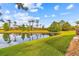 Scenic view of the pond with palm trees, lush landscaping, and clear reflections at 2632 Tarragona Way, Wesley Chapel, FL 33543