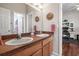 Bathroom with a double sink vanity, wood cabinets, and large mirror at 3829 Eagleflight Ln, Land O Lakes, FL 34639