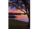 Scenic view of the lake with a dock swing under a vibrant sunset sky, surrounded by greenery at 3829 Eagleflight Ln, Land O Lakes, FL 34639