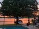 Beautiful waterfront view featuring a covered dock, seen from the screened-in pool area, enhanced by a stunning sunset at 3829 Eagleflight Ln, Land O Lakes, FL 34639