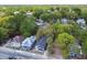 This is an aerial view of the neighborhood showcasing the home with a gray exterior and lots of mature trees at 412 E Columbus Dr, Tampa, FL 33602