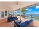 Outdoor patio featuring waterfront views, a swimming pool, and comfortable seating areas at 6130 Kipps Colony W Dr, Gulfport, FL 33707