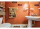 Bathroom with orange walls, pedestal sink, and decorative towel rack at 13511 Fladgate Mark Dr, Riverview, FL 33579