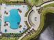 Aerial view of a community pool with ample seating, palm trees, and a nearby pond, offering a resort-like experience at 13511 Fladgate Mark Dr, Riverview, FL 33579
