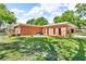 Back exterior elevation showcasing a well-maintained lawn, seating, and mature trees at 18826 Huckavalle Rd, Odessa, FL 33556