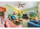 Inviting living room featuring a ceiling fan, vibrant green walls, and comfortable seating arrangement at 201 11Th S Ave, Safety Harbor, FL 34695