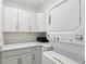 Efficient laundry room boasting white cabinets, countertops and a stacked washer/dryer at 3131 W Fielder St, Tampa, FL 33611