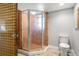 Bathroom features an enclosed corner shower, toilet, vanity and unique textured walls at 3901 Pompano Se Dr, St Petersburg, FL 33705