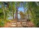 Scenic backyard path leading to a serene lake, surrounded by lush tropical foliage and trees at 4121 Highland Park Cir, Lutz, FL 33558