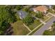 Aerial view of a blue house with a gray roof, large lawn, screened pool, and lush trees at 5913 Flatwoods Manor Cir, Lithia, FL 33547