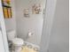 Charming toilet with decorative daisy-themed wall art, and patterned floor tiles at 17212 Balance Cv, Land O Lakes, FL 34638
