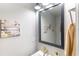Cozy half bathroom with sunflower decor, pedestal sink and a mirror with a black frame at 17212 Balance Cv, Land O Lakes, FL 34638