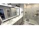 Bright bathroom featuring double vanity, elegant lighting, and a spacious marble-tiled walk-in shower at 17212 Balance Cv, Land O Lakes, FL 34638