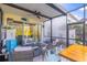 Relaxing outdoor lanai with cozy seating, a mini-fridge, and view of the backyard at 17212 Balance Cv, Land O Lakes, FL 34638