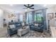Comfortable living room boasts stylish decor, plush seating, and natural light from a sliding glass door at 17212 Balance Cv, Land O Lakes, FL 34638
