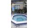 A clear view of the hot tub surrounded by plants, with its blue and white tile border at 23059 Geneva Rd, Land O Lakes, FL 34639