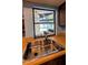 Kitchen sink area overlooking the screened-in pool area, featuring a dual bowl stainless steel sink at 23059 Geneva Rd, Land O Lakes, FL 34639