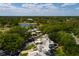 Aerial view of townhome community with nearby lake surrounded by lush, mature trees at 4207 Fairway Run, Tampa, FL 33618