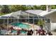 Aerial view of the screened pool and lanai, with lush landscaping and patio seating at 9322 Wellington Park Cir, Tampa, FL 33647