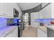 Open concept kitchen with stainless appliances, white cabinetry, and updated lighting at 10602 Rochester Way, Tampa, FL 33626